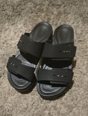 CROCS Brooklyn Buckle Low Wedge Slide in Black